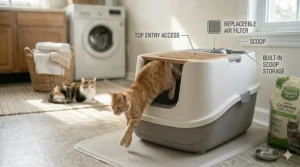 An illustration of a sleek top-entry covered litter box showing a cat jumping out onto the textured lid.