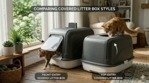 An illustrative diagram side-by-side comparison of a traditional 'front-entry hooded litter box' versus a 'top-entry covered litter box,' with a hand pointing to the key structural differences in entry design.