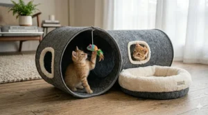 Two ginger kittens playing together, with one cat inside the tunnel and the other sitting on top of the cat tunnel bed.