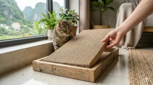 An illustration showing different shapes of cat scratcher refills including flat, wave-shaped, and triangle corrugated cardboard.