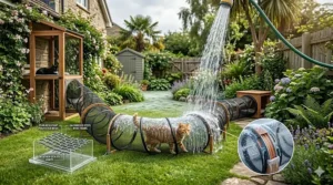 A diagram illustrating the durable, weather-resistant mesh and sturdy wire frame of a portable outdoor cat tunnel.