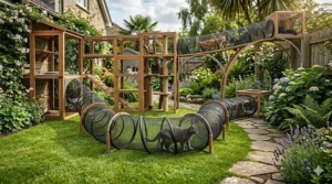 A backyard wooden catio connected to a long, elevated outdoor cat tunnel running along a garden fence.