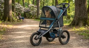 An illustration of a 3-wheel all-terrain cat jogging stroller equipped with large shock-absorbing tires for park trails