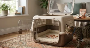 Open cat carrier with treats placed inside to help a nervous cat acclimate to travel.