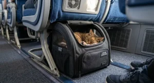 An airline-approved cat backpack carrier stowed neatly under a commercial airplane seat with a small cat sleeping inside.