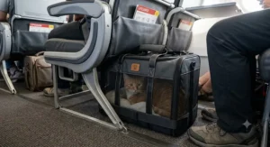 An airline-approved cat carrier fitting comfortably under the airplane seat in front of a passenger.