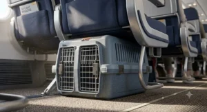 Illustration of an airline-approved hard-sided cat carrier fitting under an airplane passenger seat