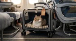 Airline-approved rolling cat carrier placed under an airplane passenger seat.