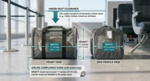 Diagram showing the height and width dimensions of an airline compliant cat carrier.