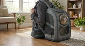 Ergonomic backpack cat carrier for large cats with padded shoulder straps and clear view window