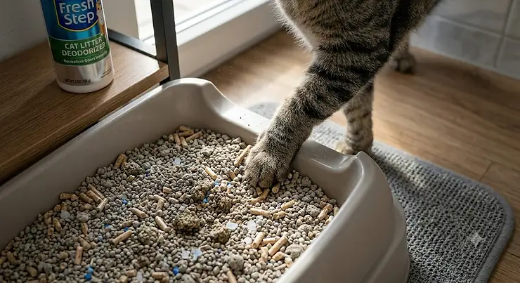 A professional product container of a best-rated cat litter deodorizer sitting next to a clean, open litter pan on a modern tiled bathroom floor.