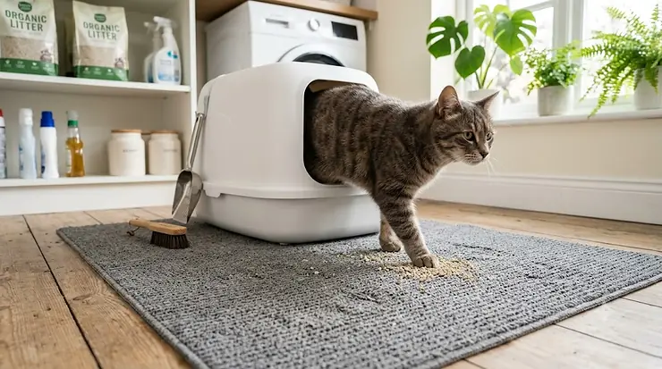 A high-quality gray cat litter mat placed under a modern litter box on a wooden floor to catch scattered clay litter.
