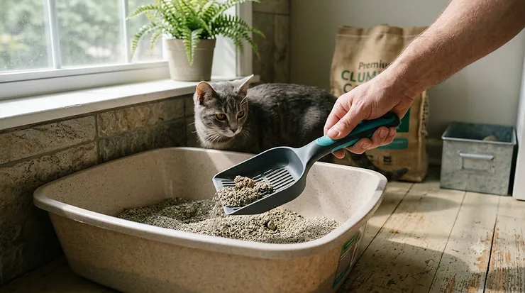 A premium ergonomic cat litter scoop showing the deep shovel design and sift holes for easy litter box cleaning.