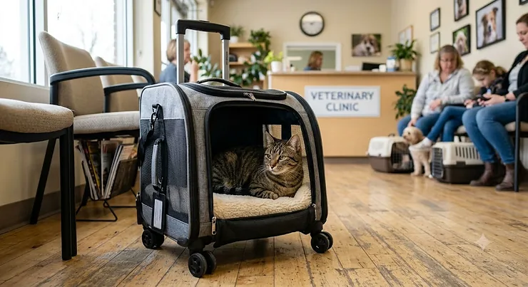 Tabby cat relaxing inside a rolling cat carrier in a veterinary waiting room.