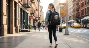 A woman wearing a sleek black cat backpack carrier with a small viewing window while walking down a sunny New York City sidewalk.