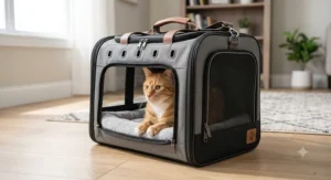 A fabric cat carrier bag featuring durable claw-resistant mesh windows for ventilation and airflow.