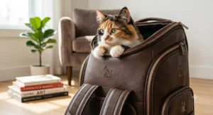 A fluffy calico cat peeking out of the top opening of a premium faux-leather cat backpack carrier.