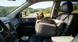 Calm Siamese cat enjoying the view from an elevated booster cat car seat during a road trip.