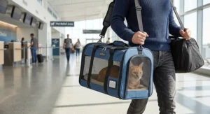 Person carrying a blue expandable cat carrier using an adjustable padded shoulder strap