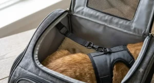 An illustration showing an internal safety leash clip inside a cat backpack carrier attached to a cat's harness for secure travel.