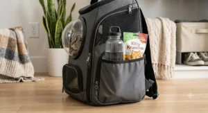Side view of a gray cat backpack carrier highlighting side storage pockets filled with a water bottle and pet treats.