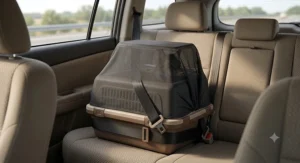 A breathable dark privacy shade wrapped over a cat carrier to reduce stress for skittish cats.