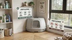 An informational graphic highlighting the best quiet locations in a house to position a corner litter box for a cat's com