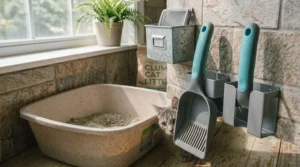 A stylish cat litter scoop neatly stored in a matching wall-mounted holder next to an open litter pan.