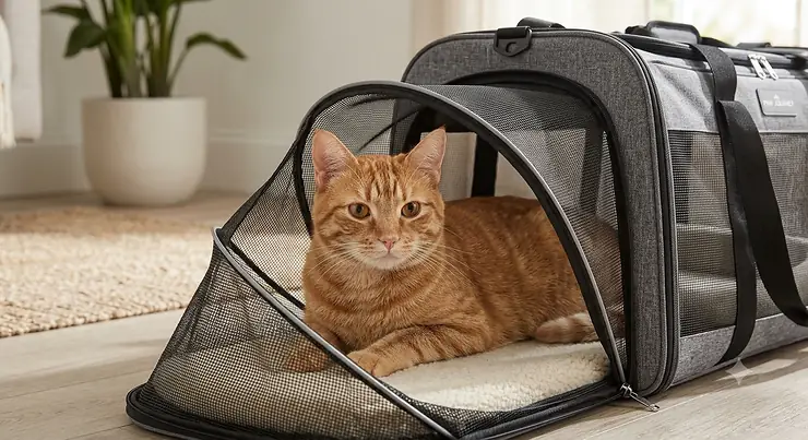 Orange tabby cat relaxing inside an expanded mesh compartment of a soft cat carrier