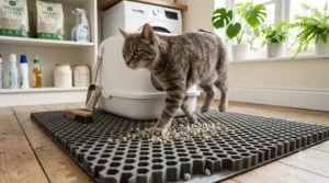 A fluffy calico cat stepping out of a hooded litter box directly onto a large gray cat litter mat.