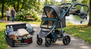 An illustration of a feature-packed cat stroller showing an underseat storage organizer basket and handlebar cup holders