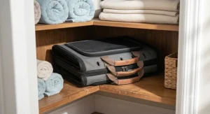 A collapsible cat carrier folded completely flat for easy space-saving storage in a closet.