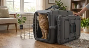 Collapsible foldable cat carrier for large cats demonstrating easy flat storage for closet space saving