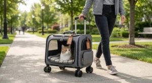 Pet owner pulling a convertible rolling cat carrier along a paved sidewalk.
