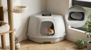 A colorful graphic of a hooded corner litter box featuring an entry door and a charcoal filter on top for odor control.