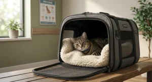 Anxious cat resting comfortably on a plush fleece lining inside an open travel carrier.