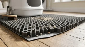 Close-up cross section illustration showing a double-layer cat litter mat with a honeycomb top design trapping tiny litter particles.