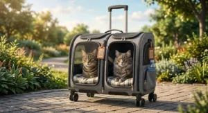 Two-compartment rolling cat carrier designed for comfortably carrying two cats together.