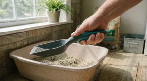 Illustration highlighting the comfortable rubberized grip handle of a cat litter scoop to reduce hand strain.
