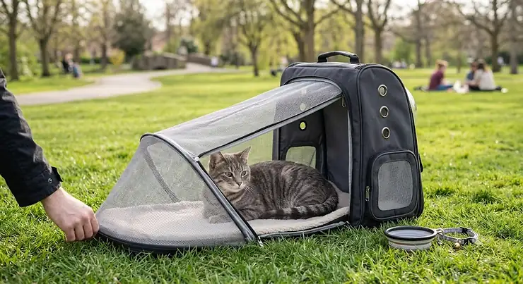 An expandable cat backpack carrier unfolded on a park lawn, showing a gray cat resting inside the extended mesh tent area.