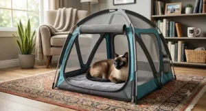 An expandable cat backpack carrier folded out into a spacious tent tent on a living room floor with a Siamese cat resting inside.