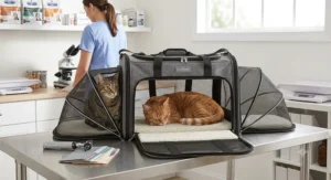 Calm cat sitting in an expanded soft carrier inside a veterinary clinic examination room