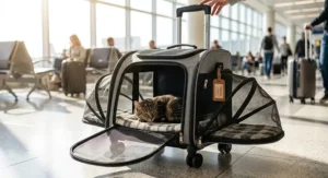 Expandable rolling cat carrier unfolded to show extra resting space for a pet.
