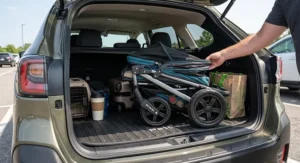 An illustration of a lightweight foldable cat stroller designed for easy travel and compact car trunk storage