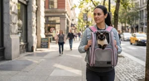 A person wearing a front-facing cat backpack carrier while walking down a sunny city sidewalk, keeping their Siamese cat close.