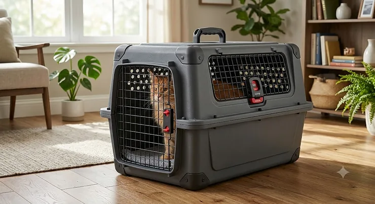 Durable hard-sided cat carrier designed for large cats with a secure top-loading door and safety latch