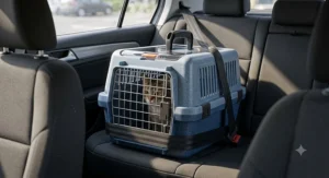 Illustration of a hard-sided cat carrier secured on a car backseat using the vehicle seatbelt