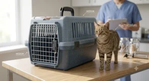 Illustration showing a medium hard-sided cat carrier next to an adult cat for proper size reference