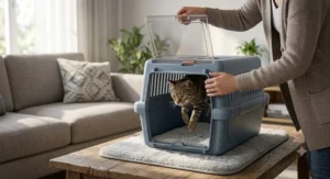 Illustration of a pet owner gently lowering a cat through the top door of a hard-sided cat carrier