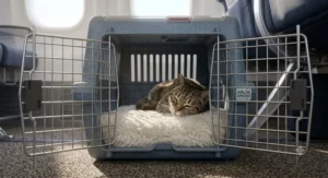 Illustration of a cozy hard-sided cat carrier interior fitted with a soft removable fleece pad